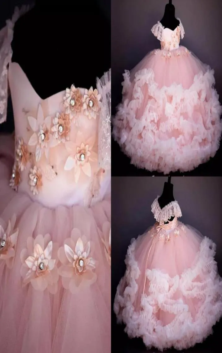 2020 Rose Ballroom Girl Pageant Robes Hors Épaule Appliqued Perlée Floral Fleur Fille Robes Dos Nu À Volants Jupe À Volants Birthd5311511