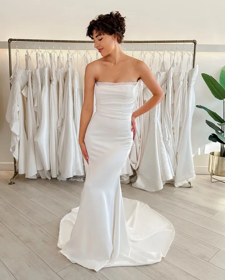 fitted lace wedding dress Beaded Lace Satin Strapless Plunging Mermaid Wedding Dress main image 1