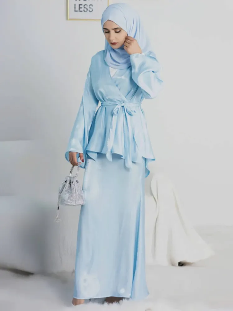 Uppsättningar uppsättningar för muslimsk kvinna 2 stycke Eid Mubarak Turkiet Summer Shiny Shirts Top och Long Kjol Matching Suit Islam ELEGANT Party Outfits