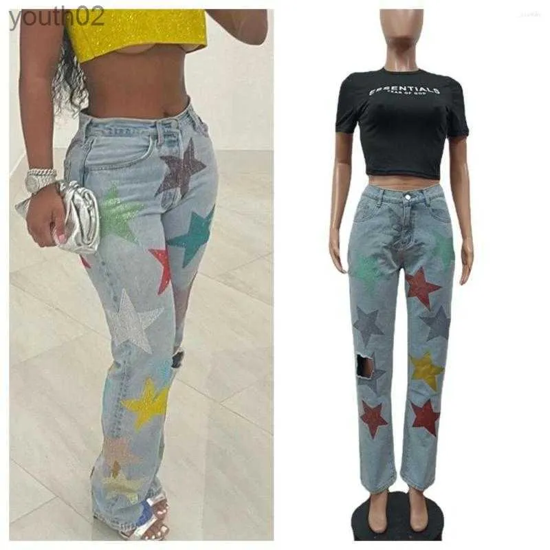 Kvinnors jeans kvinnors jeans Hight midja Sequin Stars Pants Hole Pencil Summer Clubwear Women Trousers 240304