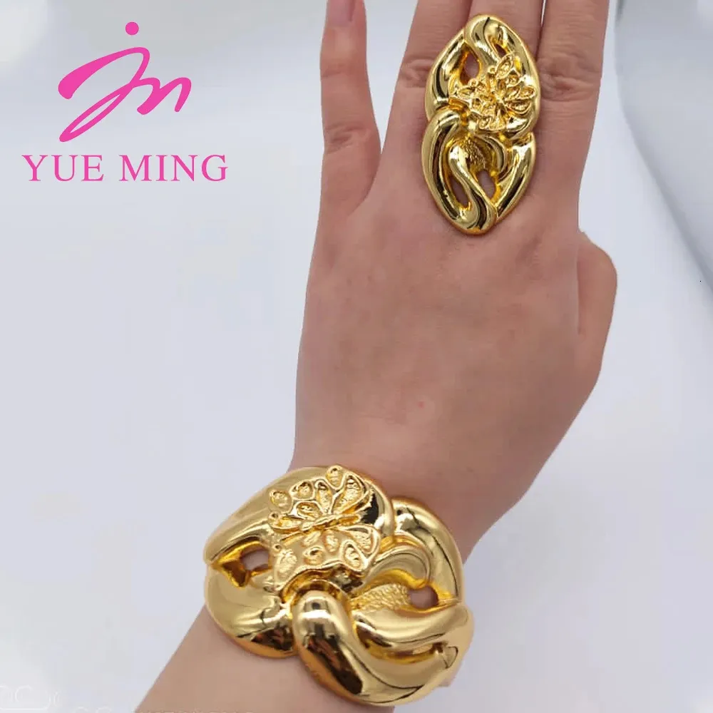 18K Or Couleur Manchette Fleur Bracelet Bague Pour Femmes Marocain France Dubaï Luxe Cuivre Bracelet Bijoux Nigérian Fête De Mariage Gif 240221