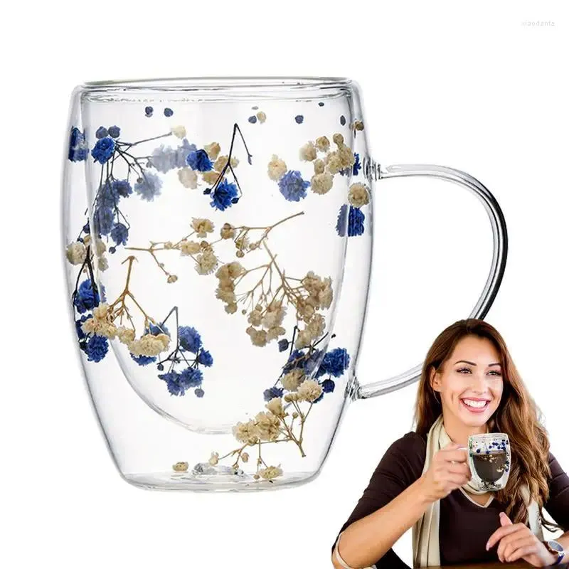 Tazze di tazza di vetro con fiore asciutto isolato a doppia parete a doppia parete fiori espresso tazze decorative