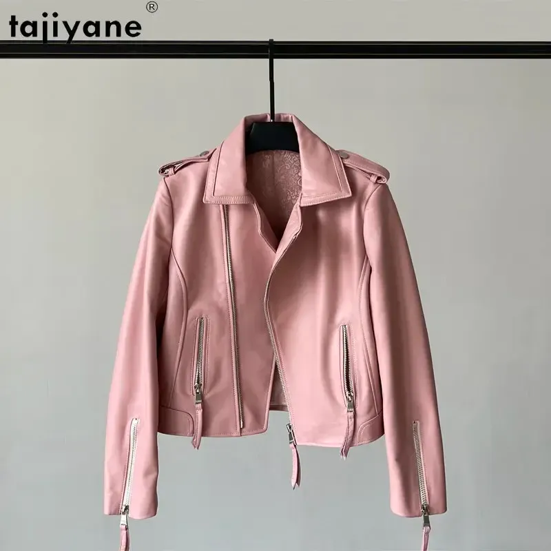 Jackets Tajiyane Genuine Leather Jacket for Women 23 Real Sheepskin Leather Coat Slim Pink Leather Jackets Biker Coats Zipper Streetwear