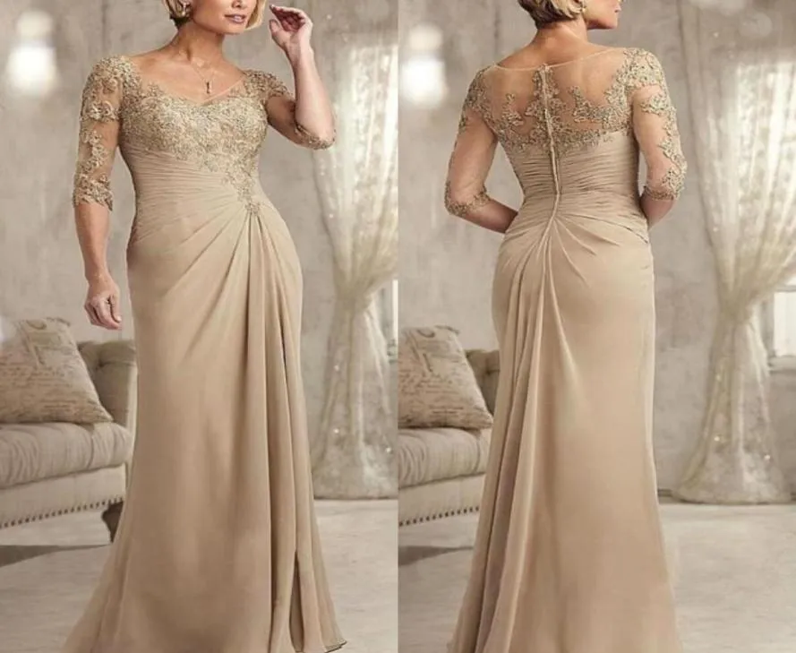 2023 Pärledspets Mor till brudklänningarna Champagne plus storlek Chiffon Half ärms Brudgum Godmother Evening Dress for Wedding BC3518975