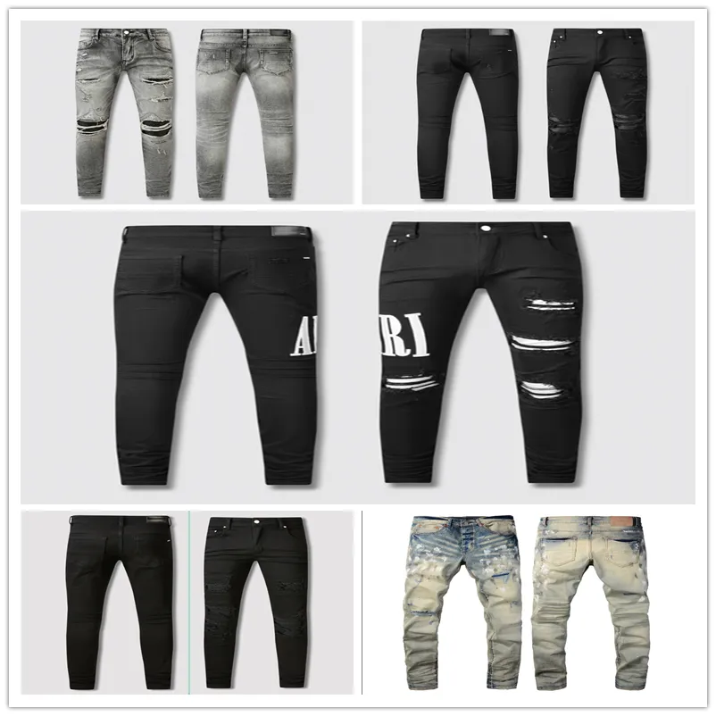 Jeans pour hommes Designer Skinny Détresse Ripped Destroyed Stretch Biker Denim blanc Noir Bleu Slim Fit Pantalons Hip Hop pour hommes taille 28-40 de haute qualité