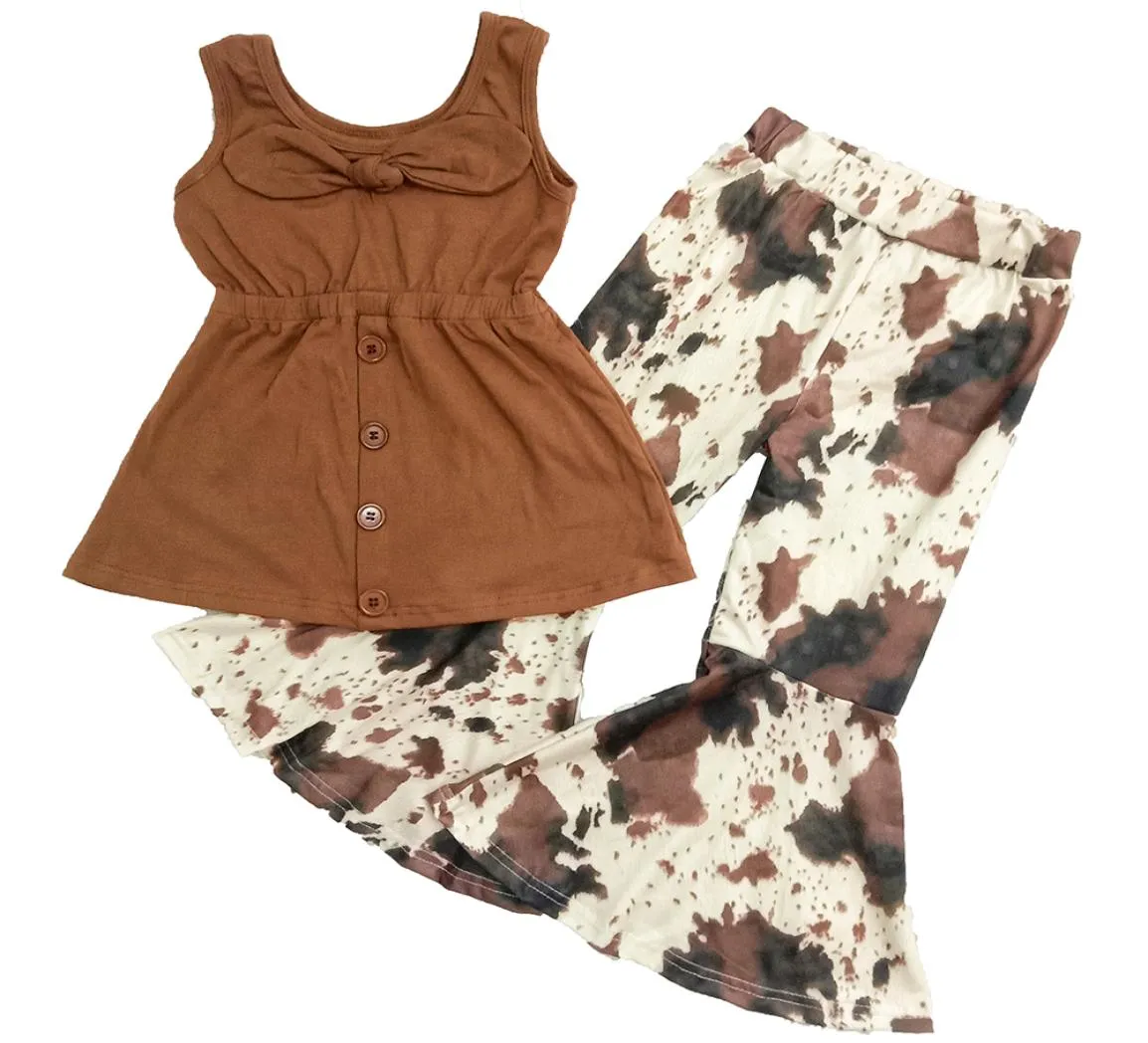 Boutique abbigliamento per bambini set ragazze abiti con fondo a campana bambino bambina abiti firmati top senza maniche pantaloni lunghi set estivo set di stampa leopardo all'ingrosso9589148