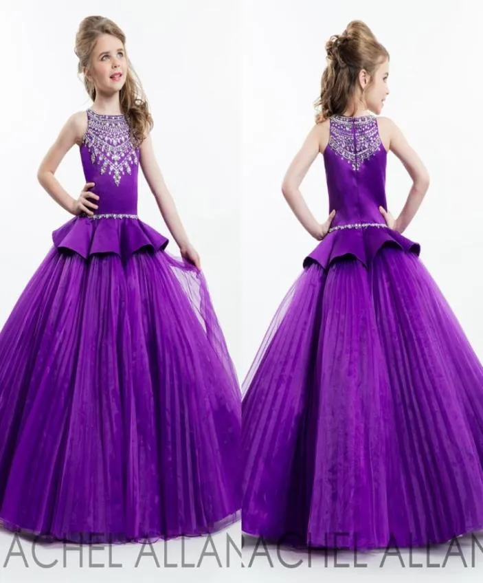 2020 Rachel Allan Purple Ball Gown Princess girl39s 미인 대회 드레스 반짝이는 구슬로 된 결정 지퍼 등 귀여운 여자 꽃 gi5612007