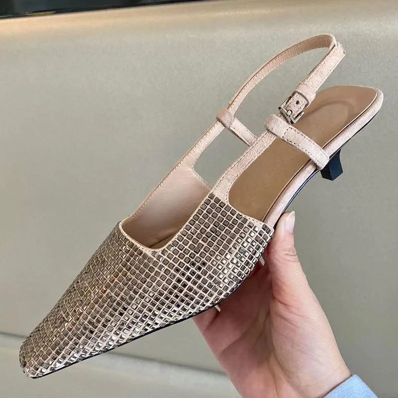 Yaz Vintage Kadınlar Yüksek Sandalet Kare Toe Pist Marka Tasarımcısı Sıcak Satış Hava Kafesi Kristal Dekor Slingback Kadınlar Parti Elbise Moda Sandalet