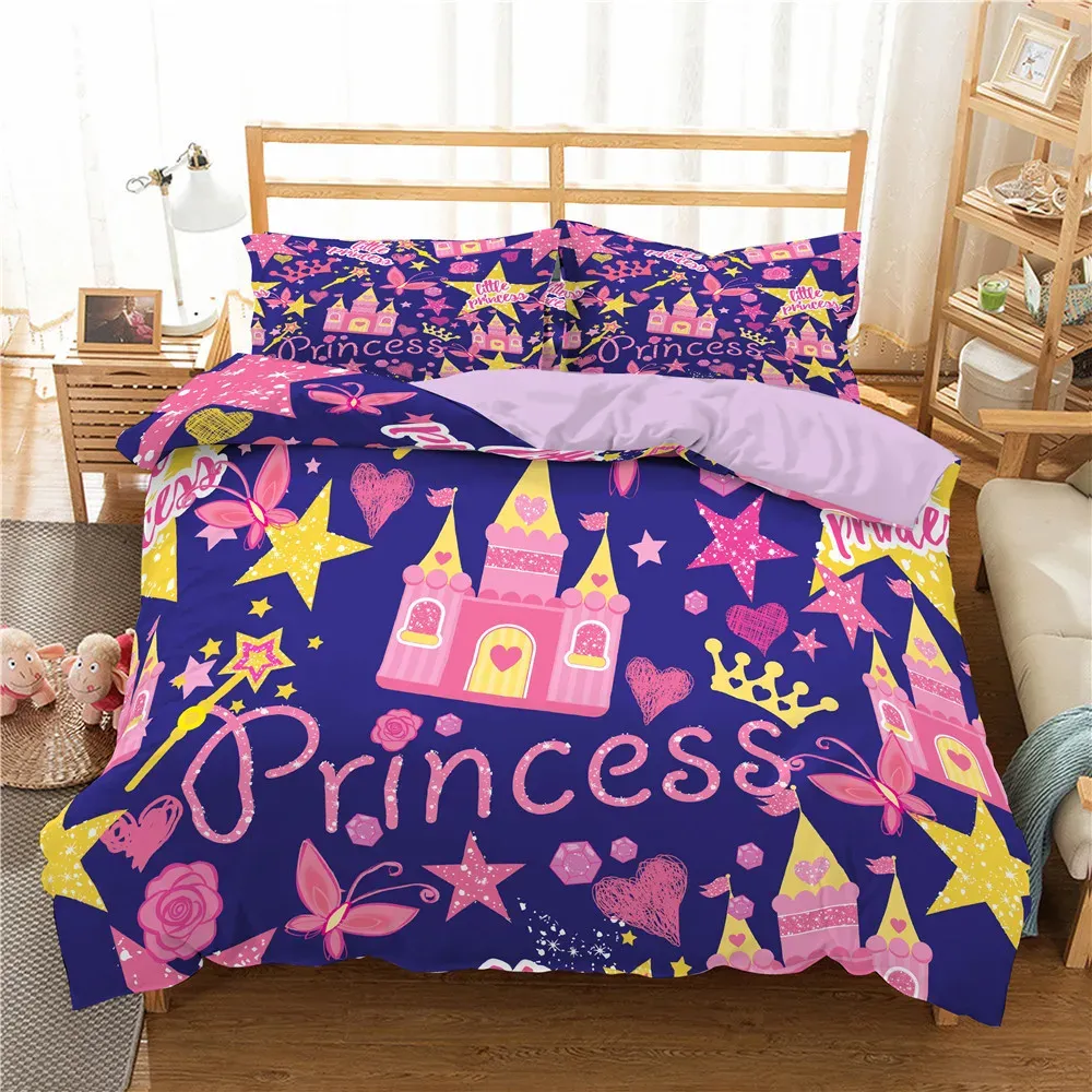 Kudde barn tecknad täcke täcke set i full/drottning mikrofiber 3d sängkläder set mjuk rosa slott prinsessor täcke med 2 kudde skam