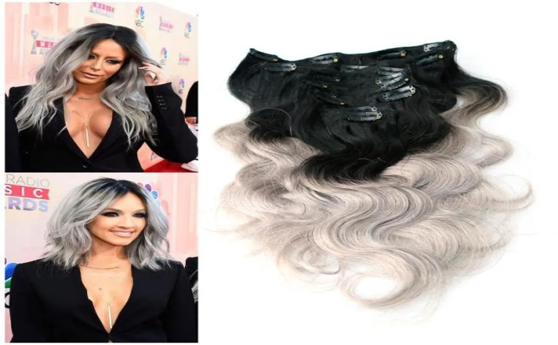 7A Top Ombre Clip In Hair Extensions 2 Tone 1BZilvergrijs 100g Ombre Peruaanse Clip In Human Hair Extensions 8 Stuksset4844748