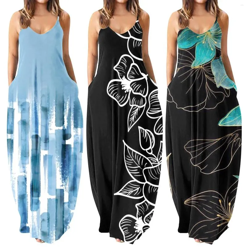 Casual Jurken Sexy Spaghettibandjes Zomerjurk Vrouwen Bloemenprint Mouwloze Maxi Mode Pocket Losse Truien Camis Zonnejurk