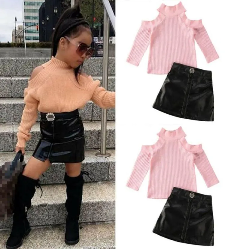 2 pièces enfant en bas âge bébé fille automne hiver vêtements à manches longues rose hors épaule pull hauts noir fermeture éclair Mini jupe tenues ensemble J12045636943