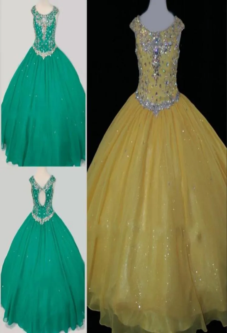 Erstaunliche gelb-grüne Mädchen-Festzug-Kleider, Ballkleid, U-Ausschnitt mit Kristall-Pailletten, Perlen, Chiffon, Schlüsselloch-Rücken, lang, für Blumenmädchen 8420644