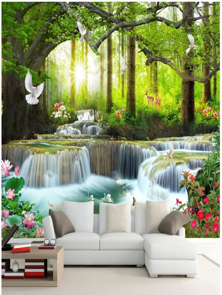 3D-PO-Tapete, individuelles Wandbild an der Wand, grüner großer Baum, Wald, Wasserfall, Hintergrund, Wand, Heimdekoration, Wohnzimmer, Tapete für W2204398