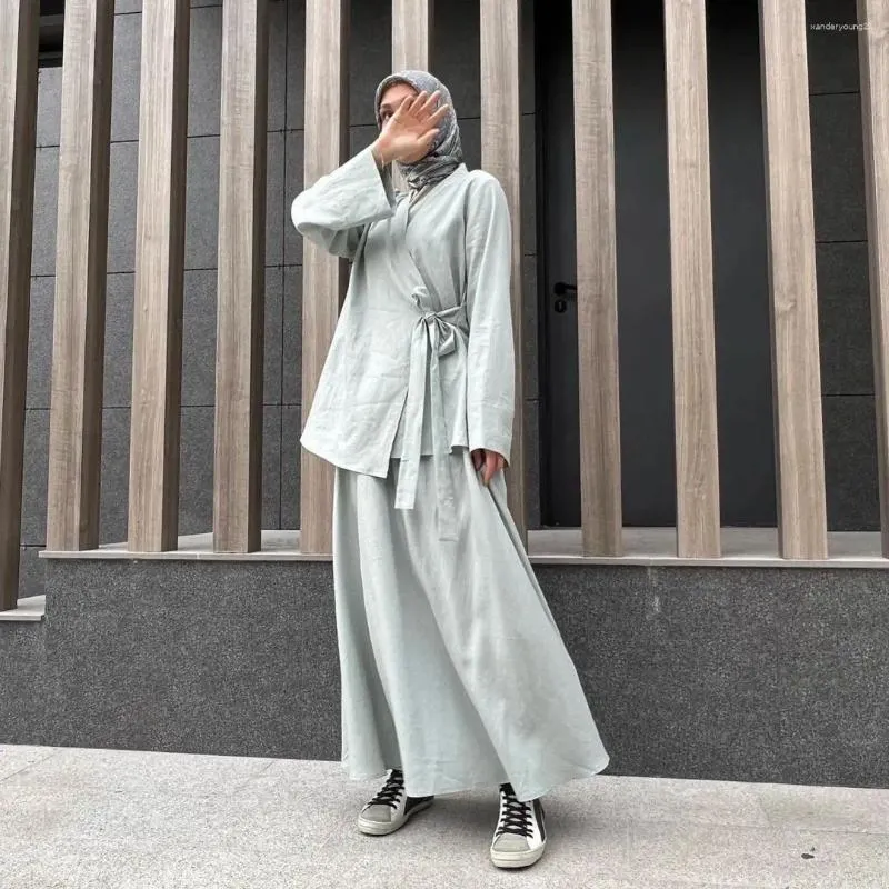 Ethnische Kleidung Muslimische Sets für Frauen Naher Osten Arabische Mode Langarm Schnürung Offenes Hemd Großes Swing Kleid Abayas Dubai