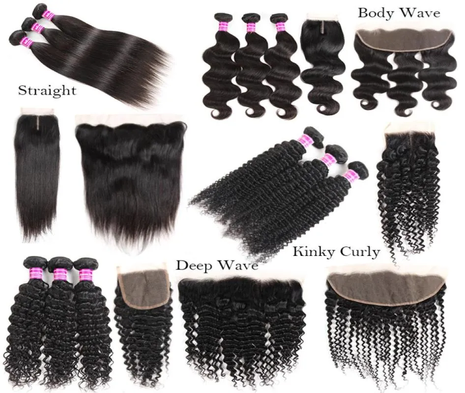 10A Grade Straight Body Deep Water Wave Kinky Curly Human Hair Weaves Bundles With Lace Closure Frontal Extensions Weft Brazilian 7242773