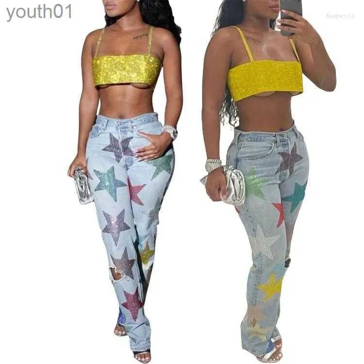 Women's Jeans Womens Jeans 2023 Womens Denim Trousers Sequined Printed Pants Ripped Five-Pointed Star Torn 240304