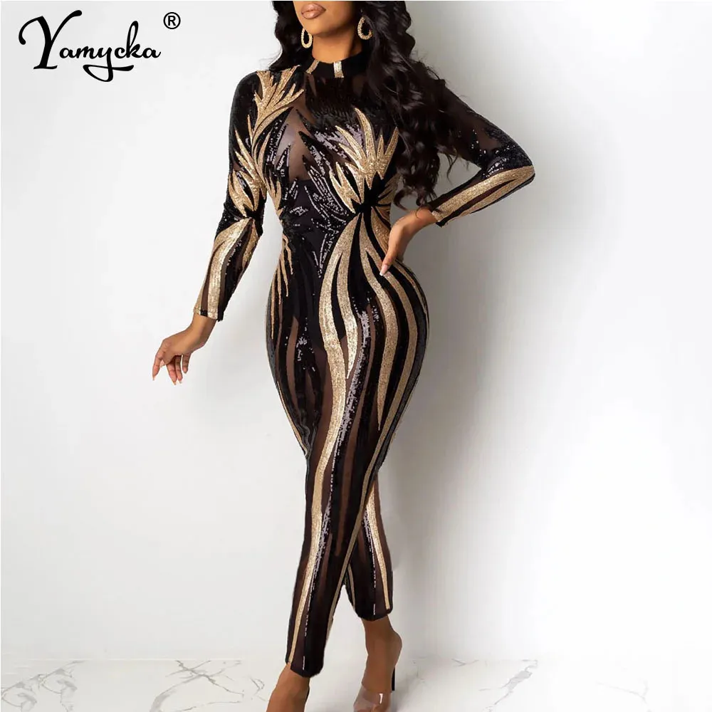 Sexy see through black Sequin bodycon jumpsuit women summer birthday party club outfits jumpsuits Long sleeve bodysuit overalls 240229