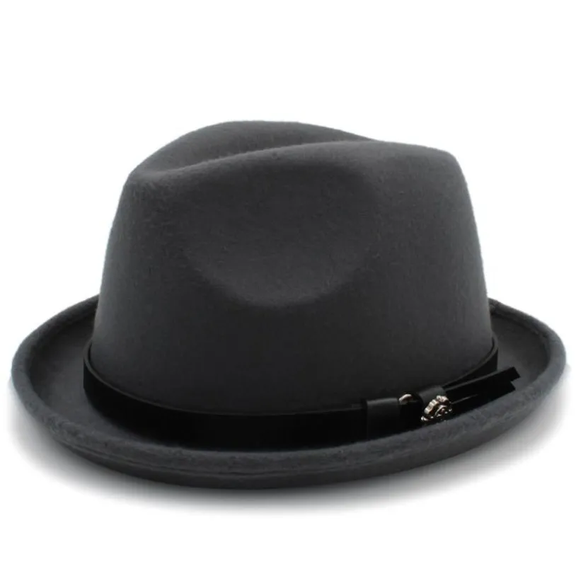 Cappello Fedora in feltro da uomo di moda con tesa avara per gentiluomo Autunno inverno Roll Up Homburg Dad Jazz con cintura276P