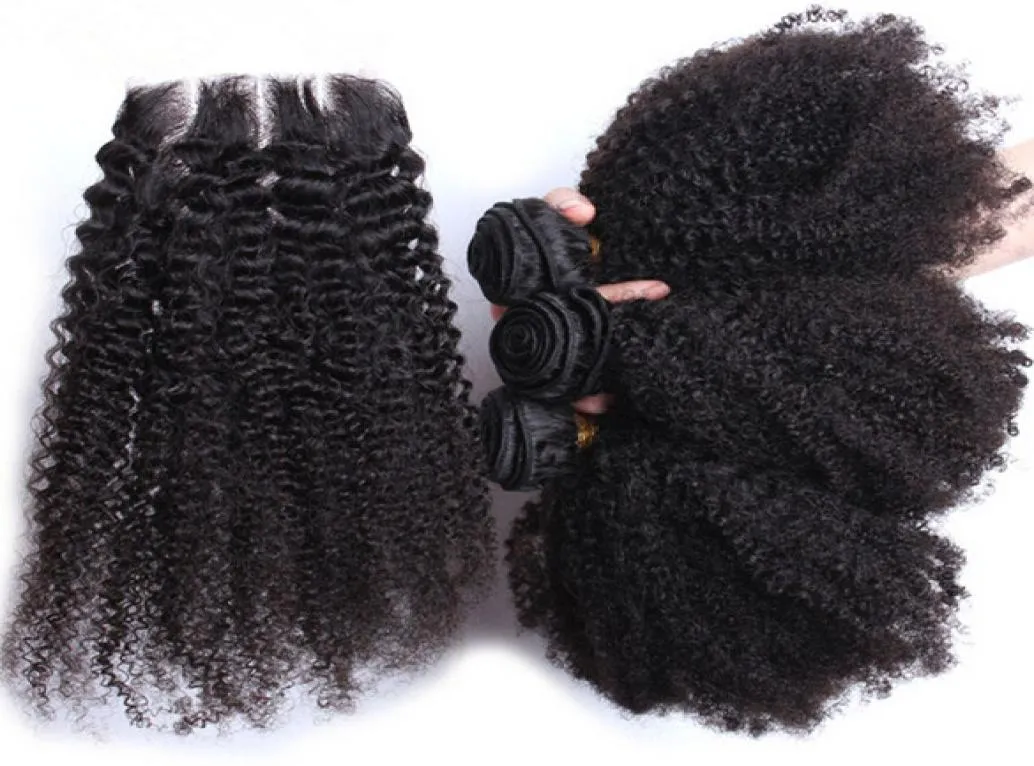 Brasilianische 44 Top Verschluss Mit Haar Bundles Natürliche Farbe Menschliches Haar Afro Verworrene Lockige 3Pcs Menschliches Haar Mit Spitze verschluss 4PcsLot7110830