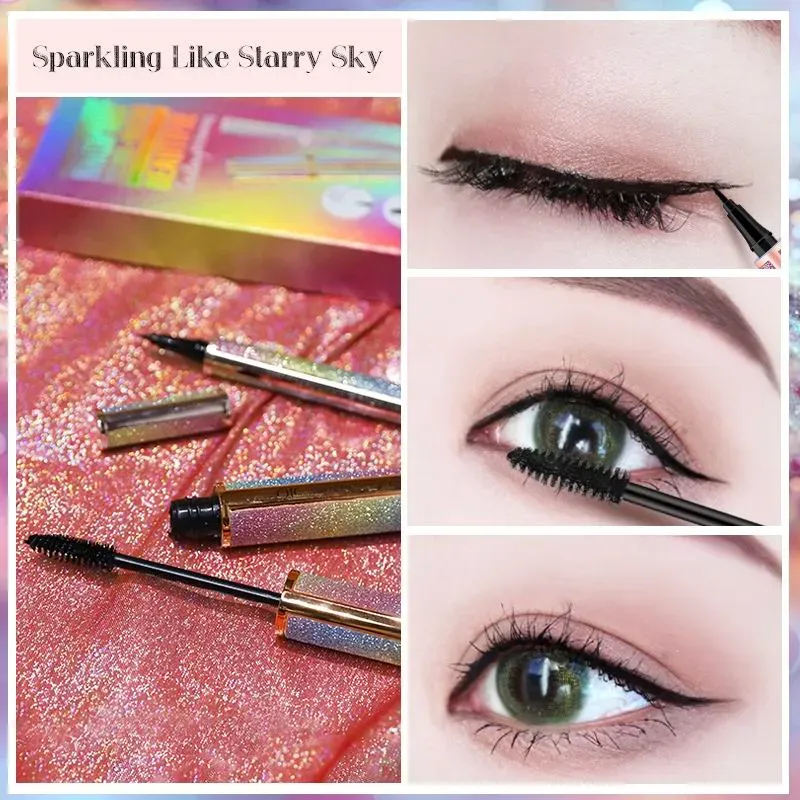 4D Fiber Lash Mascara Liquid Eyeliner Pencil kit Black Waterproof Makeup QIC starry sky Mascara Volume thick eyelash Long Lasting Eye liner