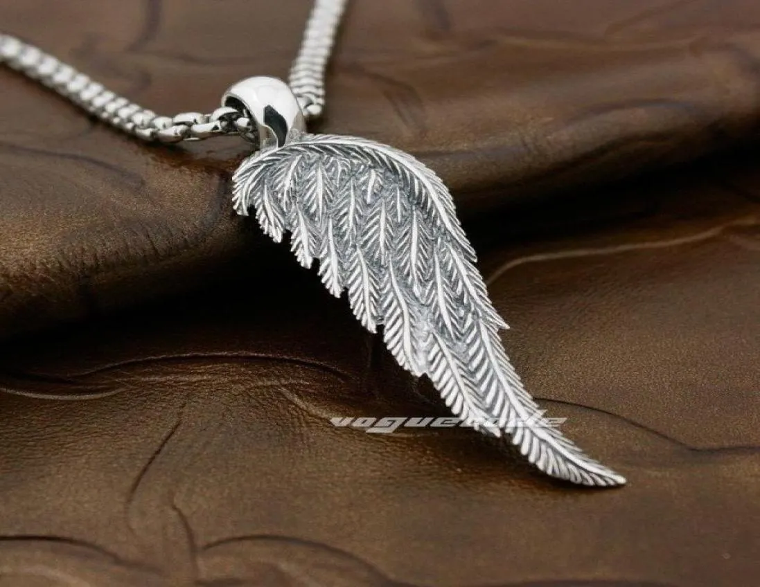 Pendentif en argent sterling 925 massif avec plume d'aile d'oiseau d'ange, 2 côtés, 8A008, collier 24 pouces, 3728724