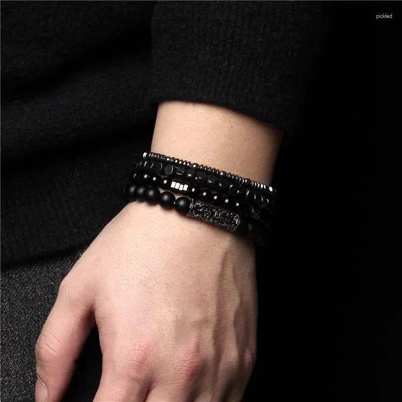 Set di bracciali in pietra naturale da uomo in filo di ematite multistrato, perle di vetro nero lavico, braccialetto elasticizzato per mediazione energetica, regalo di gioielli