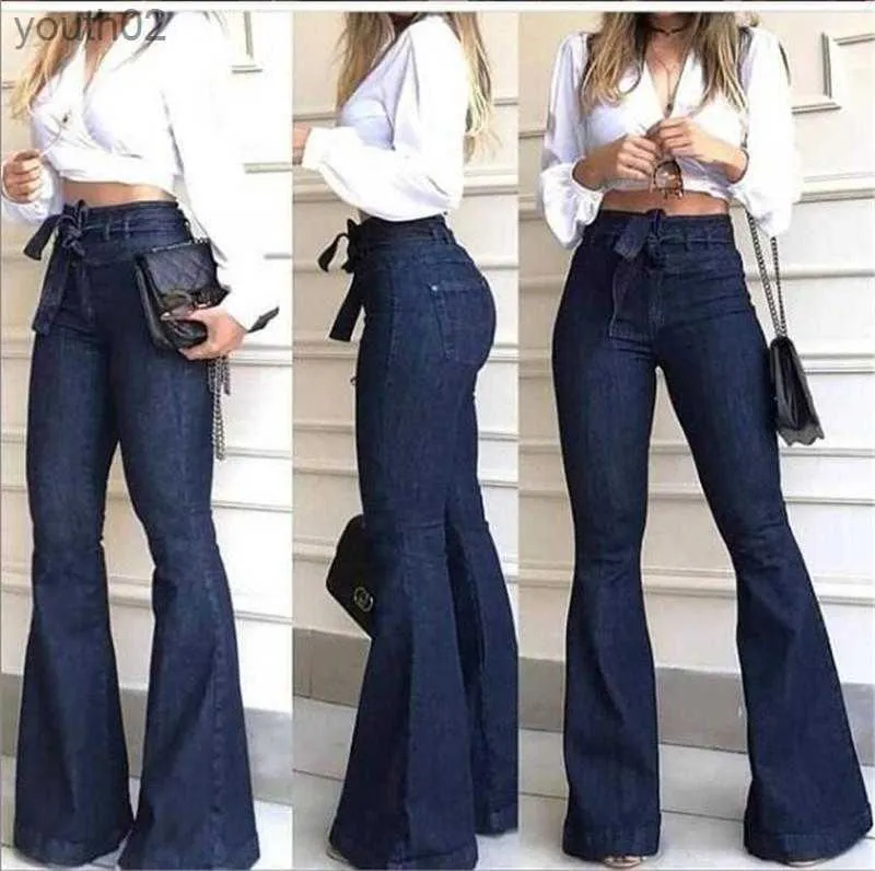 Women's Jeans Womens High Waist Jeans Autumn Solid Flare Pants Street Hot Wide Flare Jeans Female Ladies Flared Trousers 240304