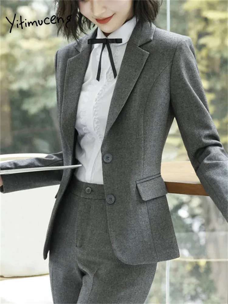 Yitimuceng Office Ladies Pants Suits for Women Long Sleeve Single Breasted Slim Formal Blazer 2 Piece Set 240226