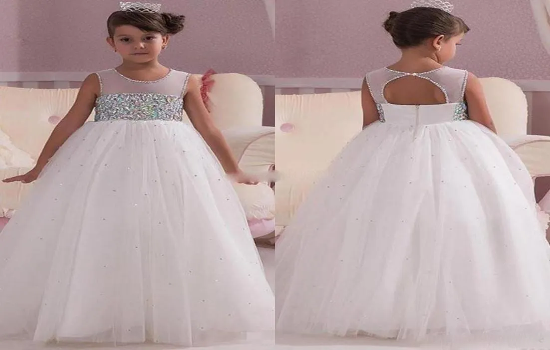 2018 Princess White Wedding Flower Girl Dresses Empire Midjekristaller Öppna tillbaka 2017 Custom Made Chill Baby Communion Girls Pagean4114716