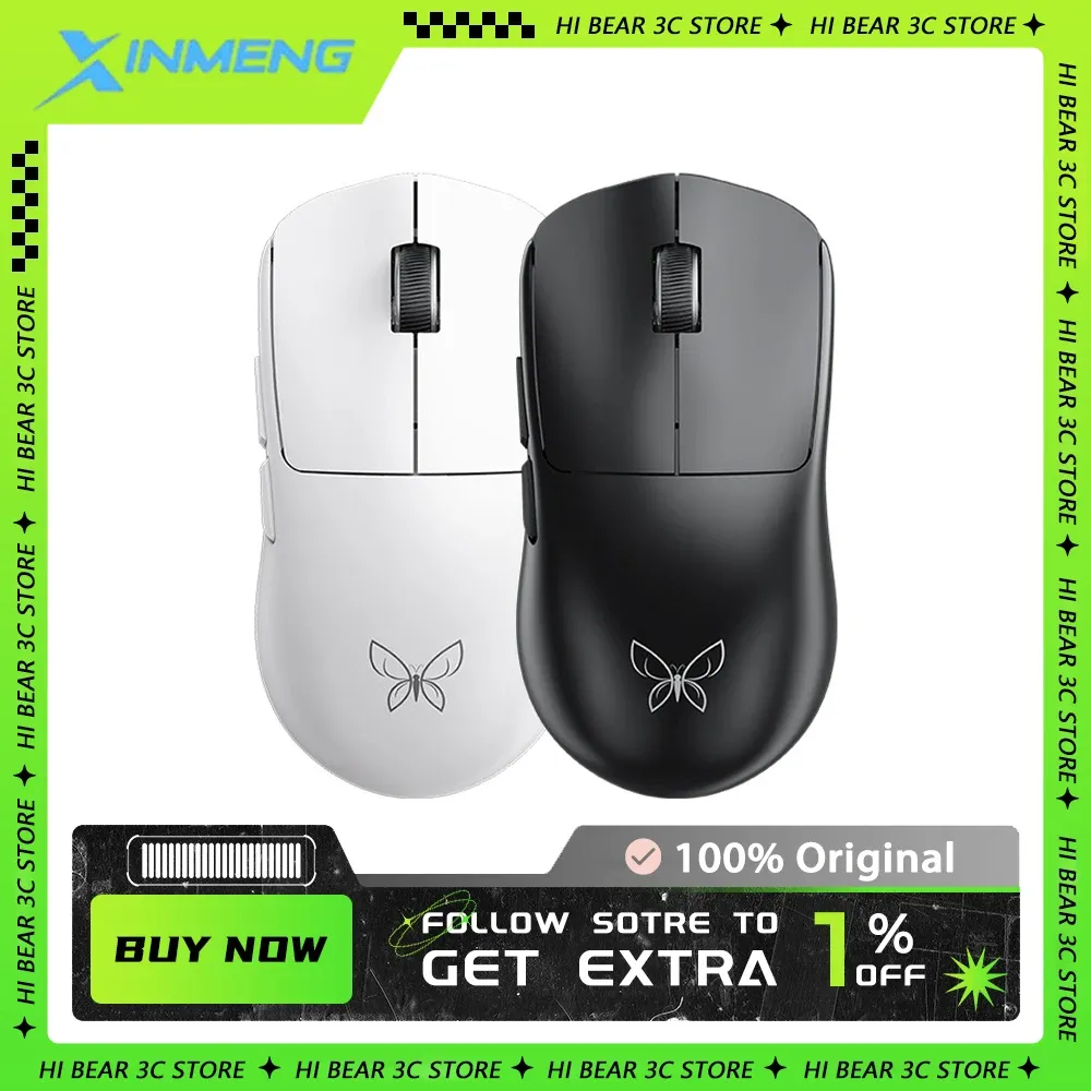 Mice XINMENG Butterfly Wireless Mouse PAW3395 Sensor Three Mode Gaming Mouse 48g Light Weight 600mAh Ergonomics Pc Gamer Mac Office