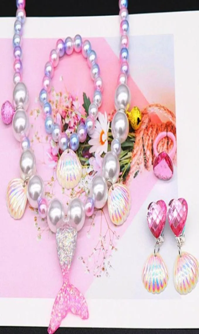 Collana di perline Bracciali Anello Orecchini a clip per bambini Bambina Sirena Set di gioielli di perle Bomboniere per la festa2424509