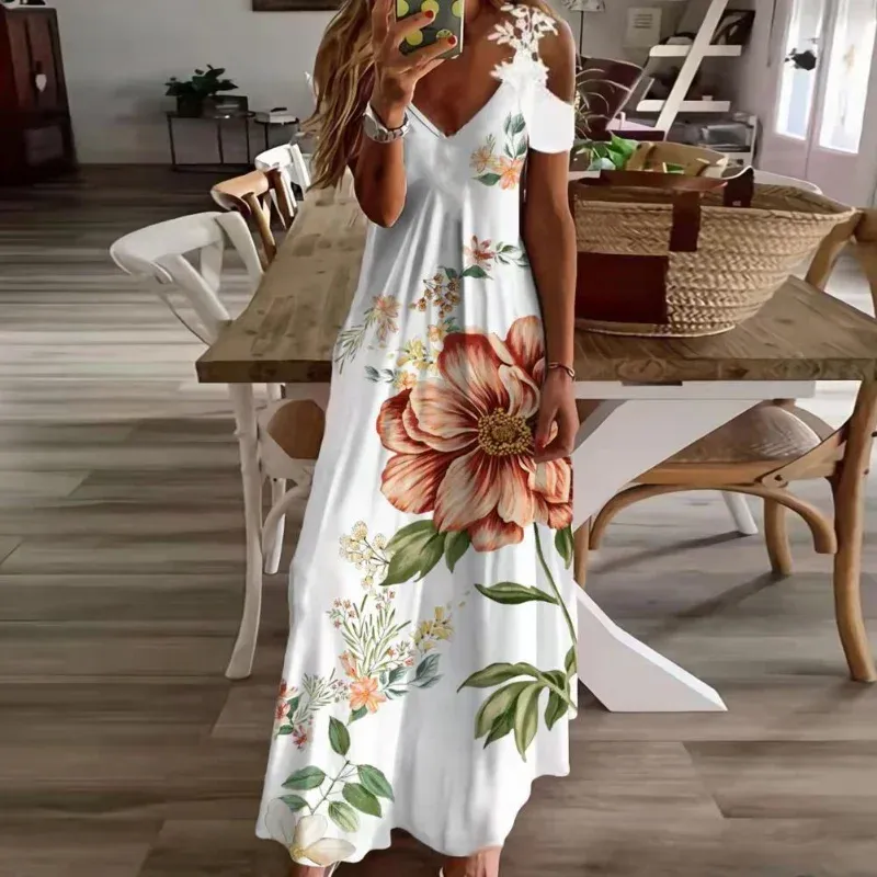 Cover-up dames maxi-jurk met bloemenprint, bohemien geïnspireerde maxi-jurk met kanten jarretelles en uitsnijding voor dames casual los V-hals strandfeest