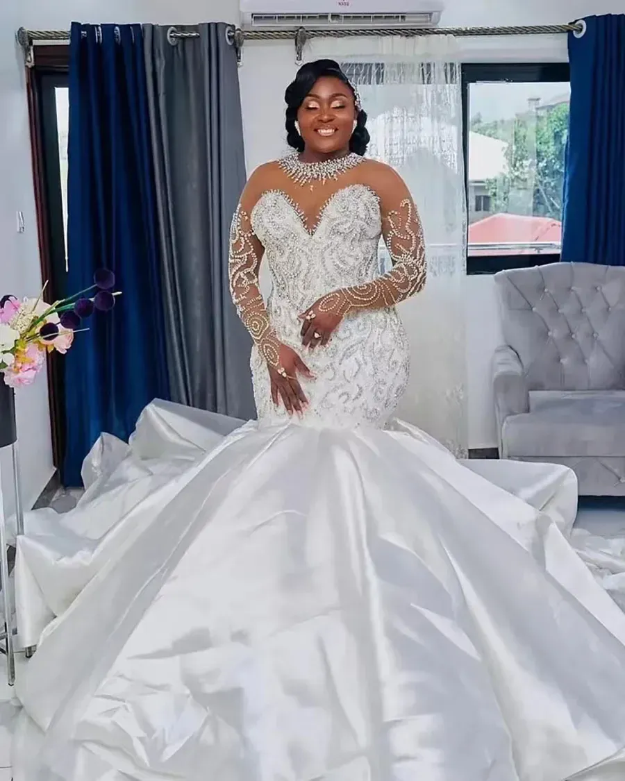 Plus Size Mermaid Satin Mermaid Wedding Dress with Beadings, Sequins, Lace Appliques, and Long Sleeves - South African Arabic Style