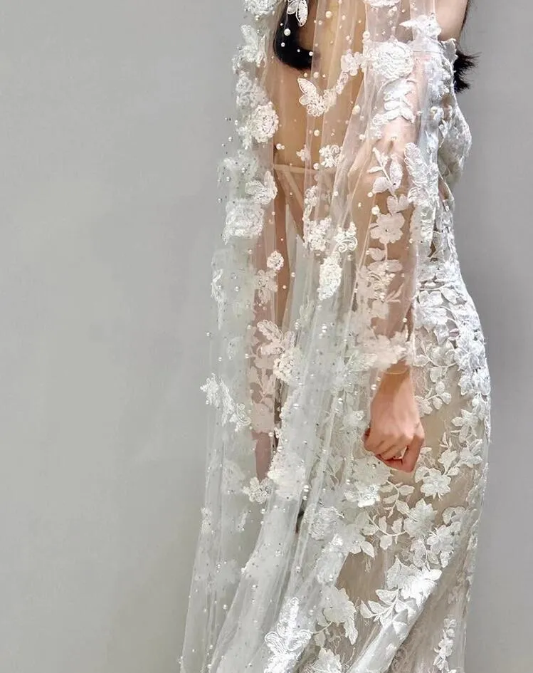 Wedding Dress For Woman BOHO Robe Style Long Sleeve Backless Mermaid Appliques Lace Flowers Court Train Illusion Bridal Gowns Vestido De Noiva 0304