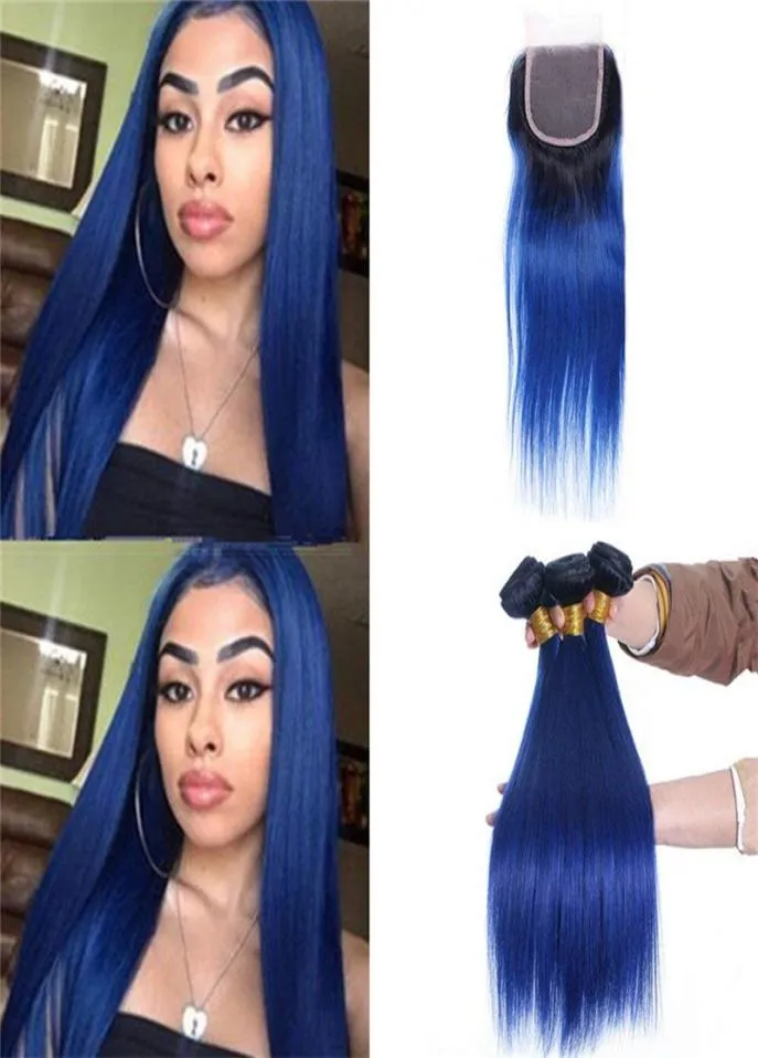 Dark Root 1b Blue Ombre Brazilian Hush Hair Weave Bundles Silky Double Double Sever مع Ombre 4x4 Lace Closure6839884