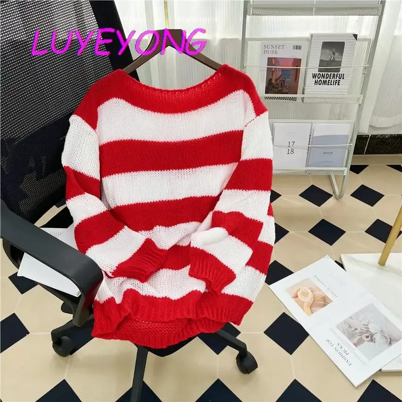 Külot Kore Moda Giysileri Y2K Kız Eğik Boyun Uzun Kollu Uzun Örgü Sweaters Kadın Kırmızı Beyaz Çizgili Christmax Sweater 2023 Sonbahar