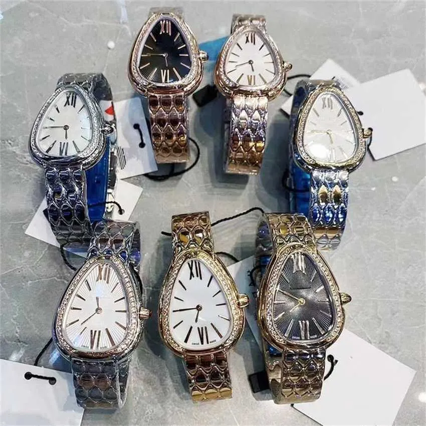 42% rabatt på Titta på Luxury Women Quartz Movement Snake Diamond Bezel Silver Rose Gold rostfritt stål Kvinnlig Lady Wristwatch med låda