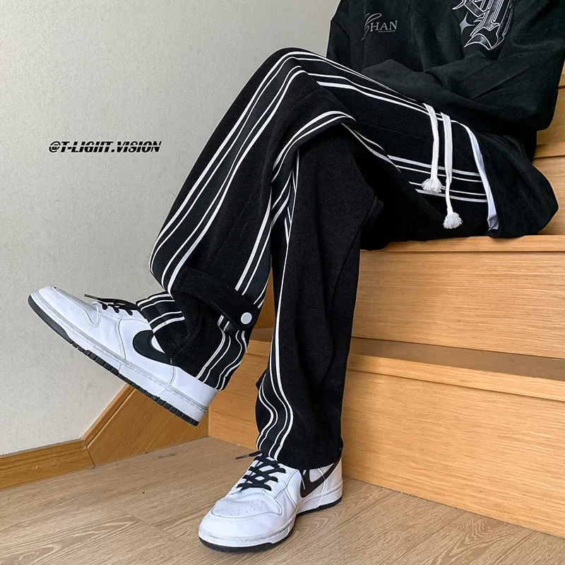 Pantalon noir streetwear décontracté pantalon côté bande élastique basse hauteur pantalon droit y2k pantalon jogger esthétique hommes couples lâches