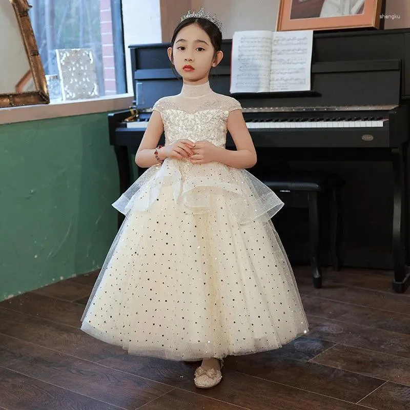 Girl Dresses Children's Dress Pompon Dance Wedding Little Princess Chic Hostess Flower Piano