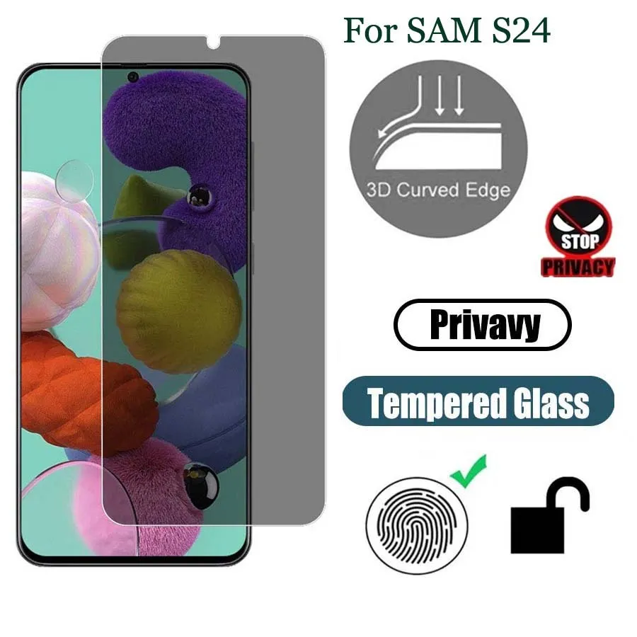 Anti Spy Screen Protector för Samsung Galaxy S24 S23 Ultra S24Plus Fingerprint Unlock Integritet Tempererad glasfilm Full Cover White Edge