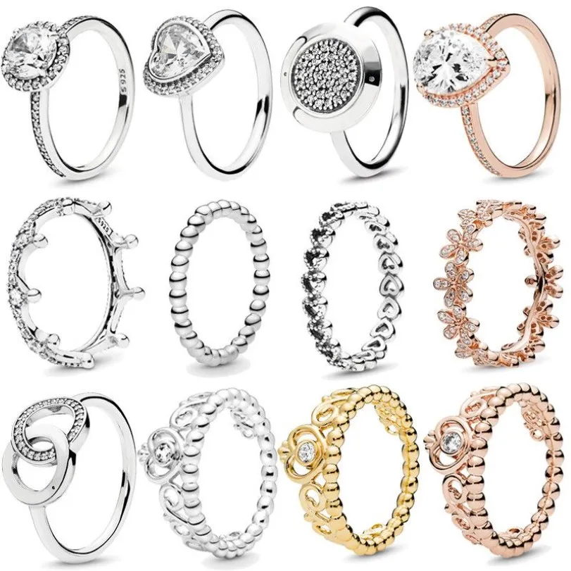 Autentyczny 925 Srebrne pierścienie Princess Tiara Crown Blawling Love Heart CZ dla kobiet biżuteria zaręczynowa rocznica fit pand294i