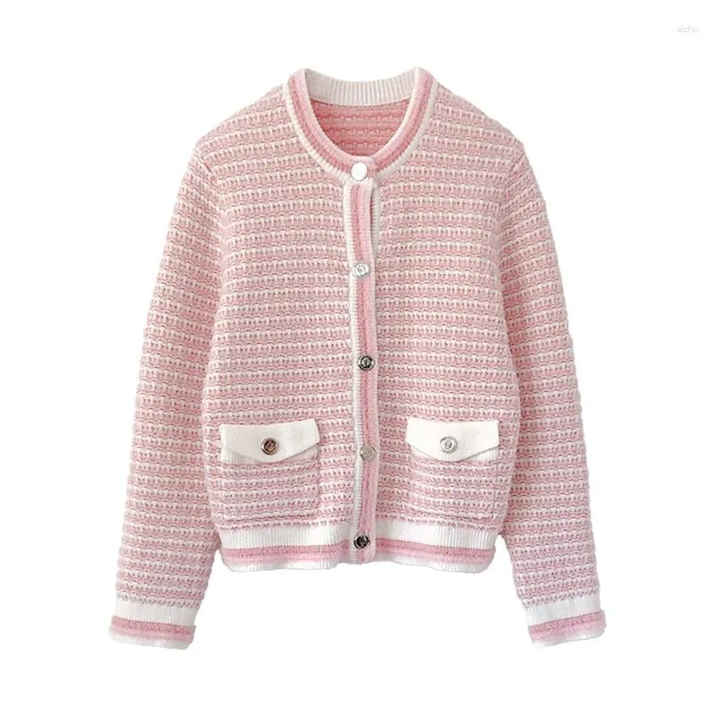 Malhas femininas vii 2024 m malha outono e inverno roupas femininas doce rosa suéter cardigan top jaqueta ofertas
