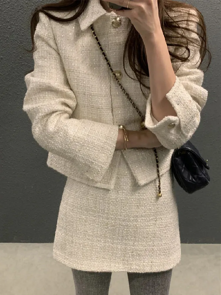 Set due pezzi di tweed coreano moda per donna Giacca corta a maniche lunghe autunno Aline Mini gonna adatta vintage 2 abiti 240226