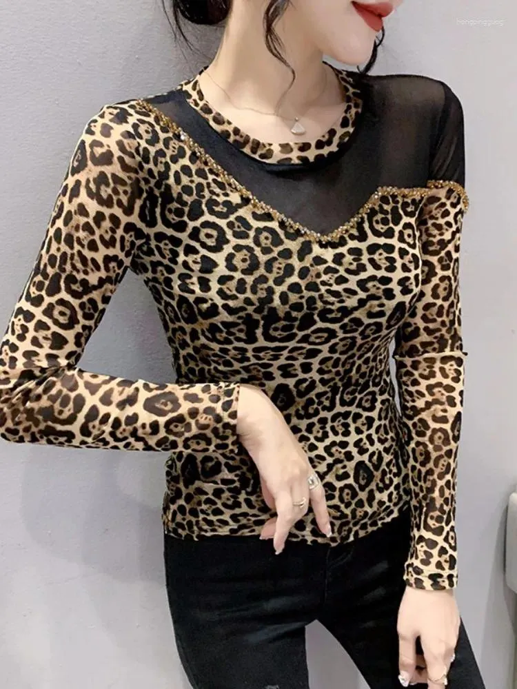 Women's T Shirts Spring Autumn TShirts Slim Fit Round Collar Printed Leopard Patched Mesh Long Sleeve T-shirt Women Trendy Tops