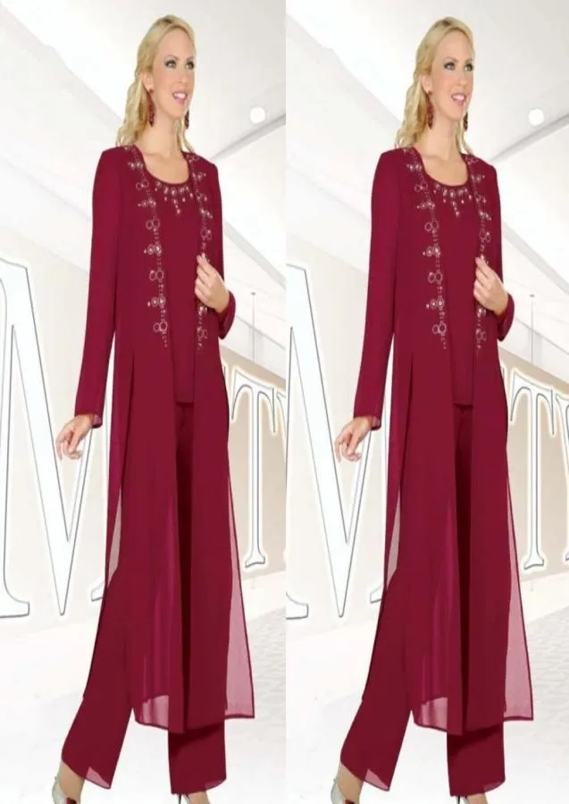 Burgundy Chiffon 3Pieces Mother Of Bride Pant Suit 2019 New Fashion Jewel Long Sleeves Beaded Side Split Long Coat Mothers Day Fo3498290