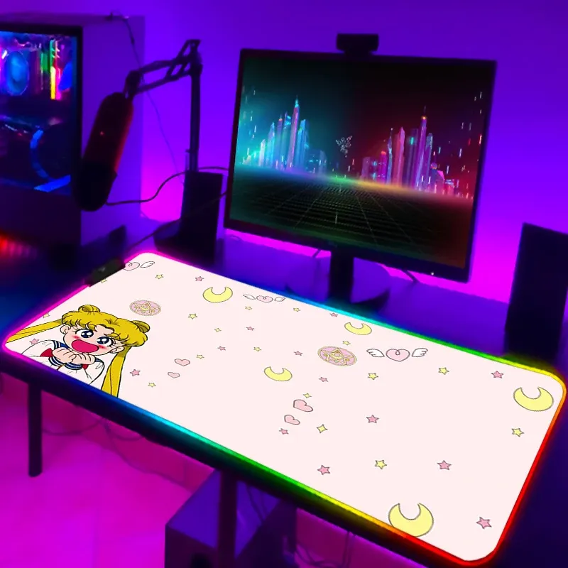 Almofadas rosa marinheiro lua jogos rgb mousepad gamer anime led mouse pad dos desenhos animados acessórios de mesa tapete de teclado tapetes pc mause pads