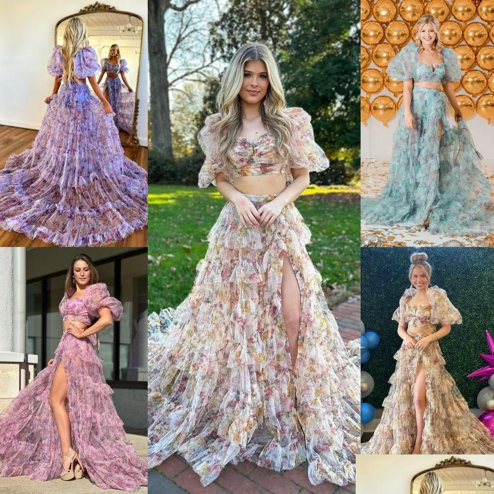 En stock Robes d'occasion spéciale Imprimer Robe de bal florale 2K23 Manches ballon bouffantes Volants Combinaison deux pièces A-Line Lady Pageant Dhies