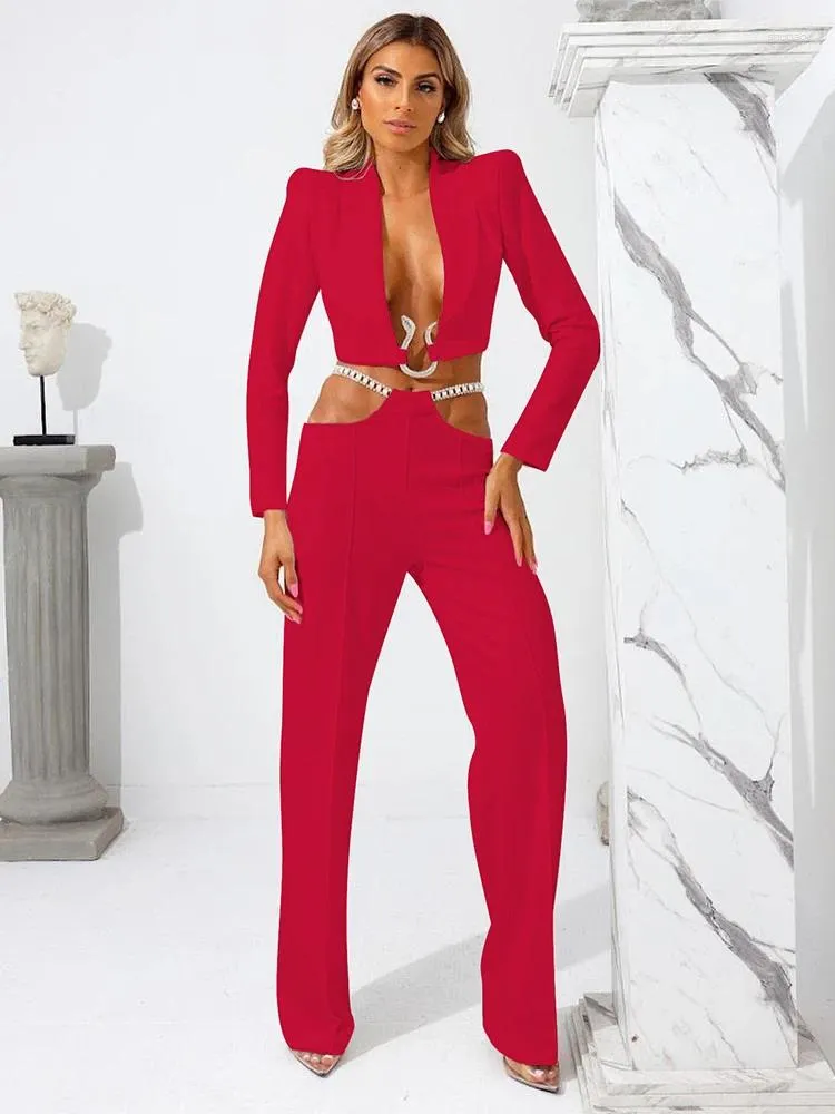 Calças femininas de duas peças BEVENCCEL Sexy Red Chain Manga Longa V Neck Blazer Top e Terno Celebridade Festa Night Club 2 Conjuntos