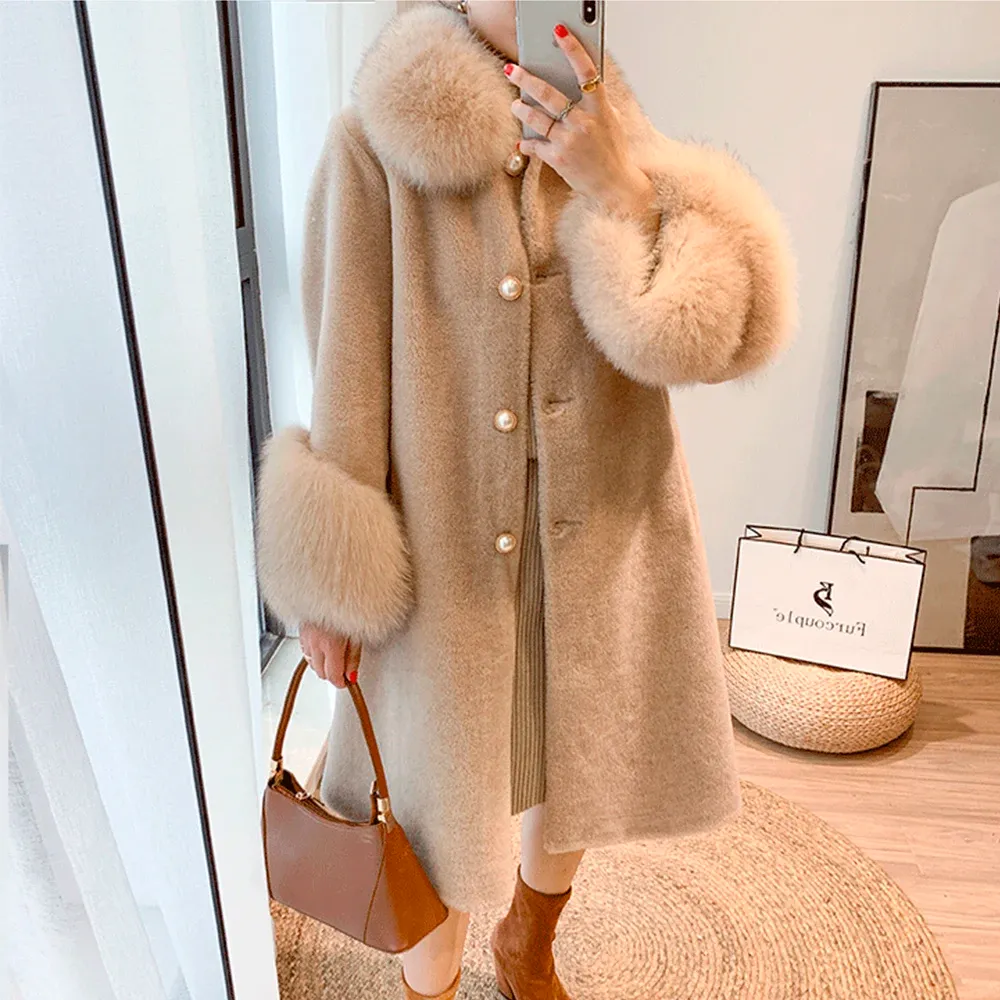 Fur 2023 Fashion Real Sheep Shearing Winter Jacket Doublefaced Genuine Leather Natural Fox Fur Collar Thick Warm Outerwear